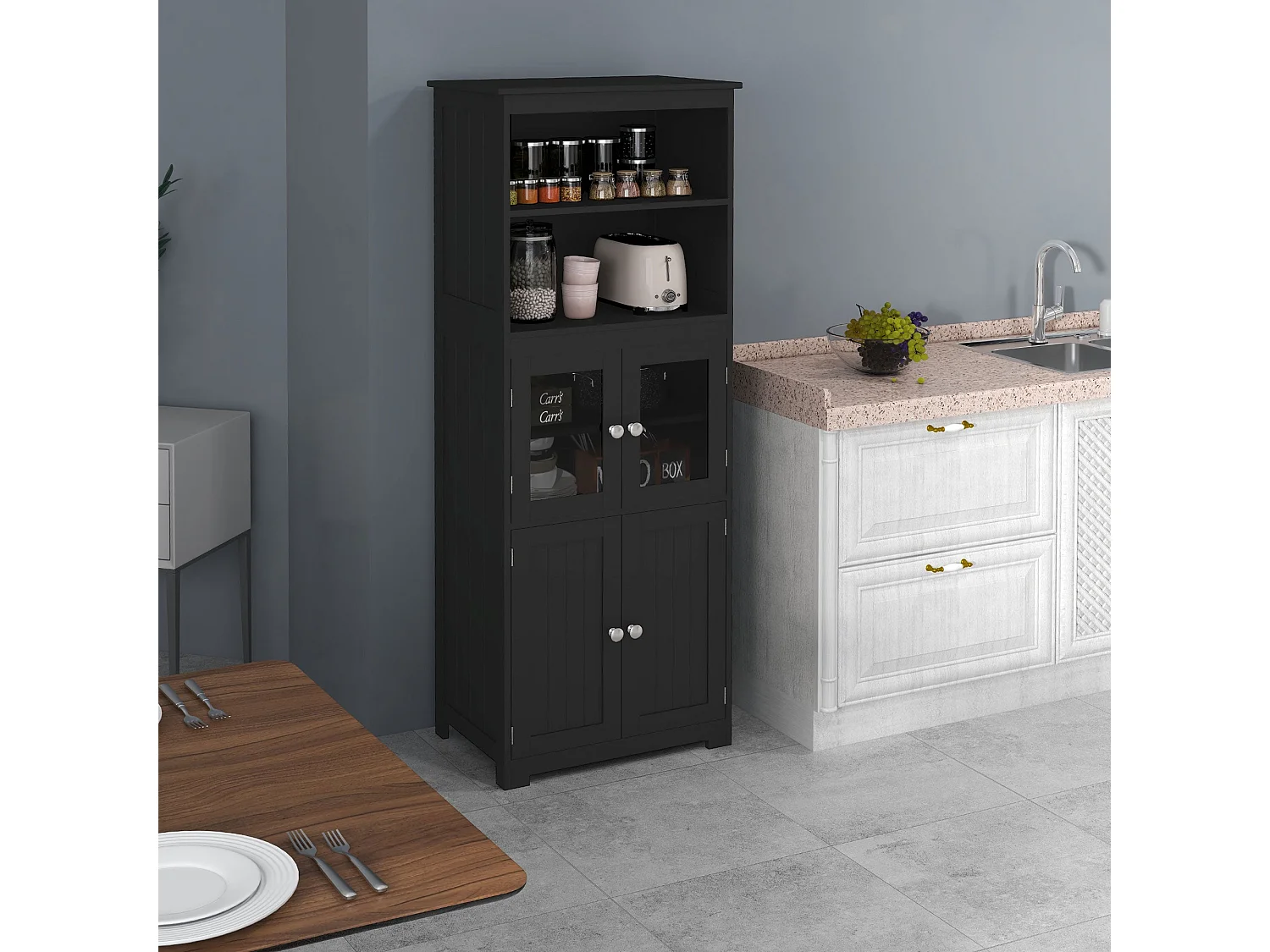 Armário de Cozinha HOMCOM com 2 Portas de Vidro e Prateleiras Ajustáveis - Preto 60x30x162 cm