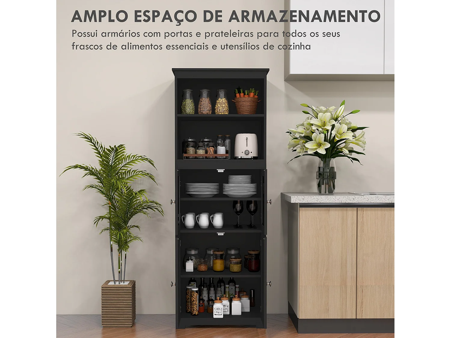 Armário de Cozinha HOMCOM com 2 Portas de Vidro e Prateleiras Ajustáveis - Preto 60x30x162 cm