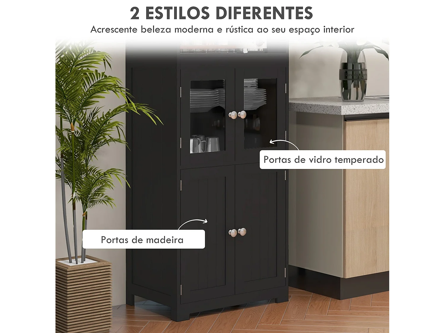 Armário de Cozinha HOMCOM com 2 Portas de Vidro e Prateleiras Ajustáveis - Preto 60x30x162 cm
