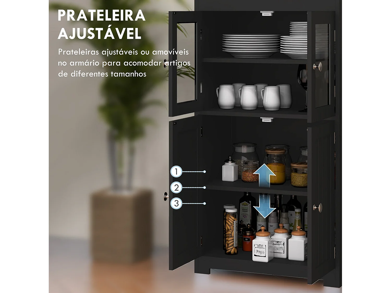 Armário de Cozinha HOMCOM com 2 Portas de Vidro e Prateleiras Ajustáveis - Preto 60x30x162 cm
