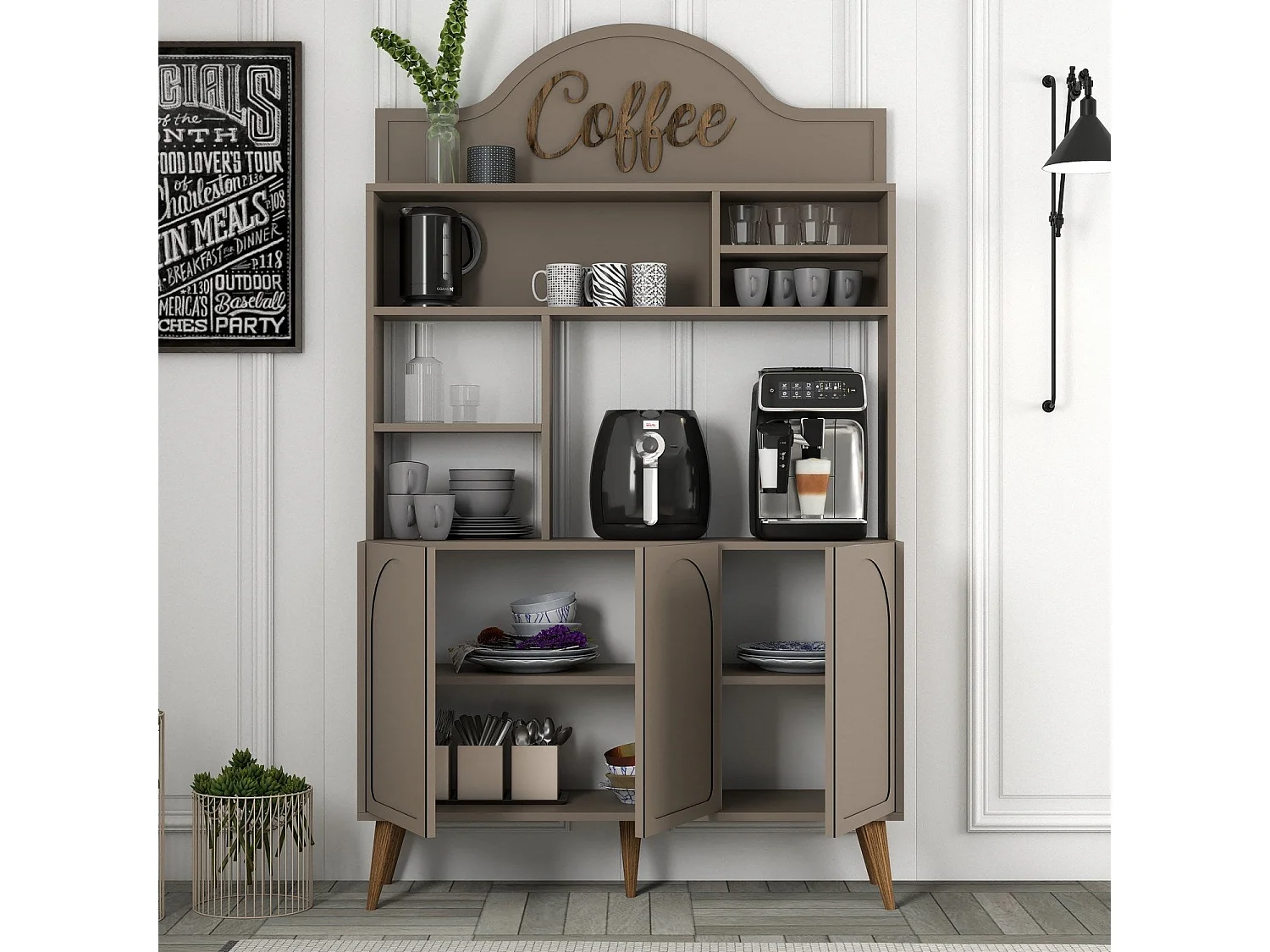 Armário Alto de Cozinha 'Coffee' - 200x120x35 cm - Estilo Moderno em Atlas e Nogueira