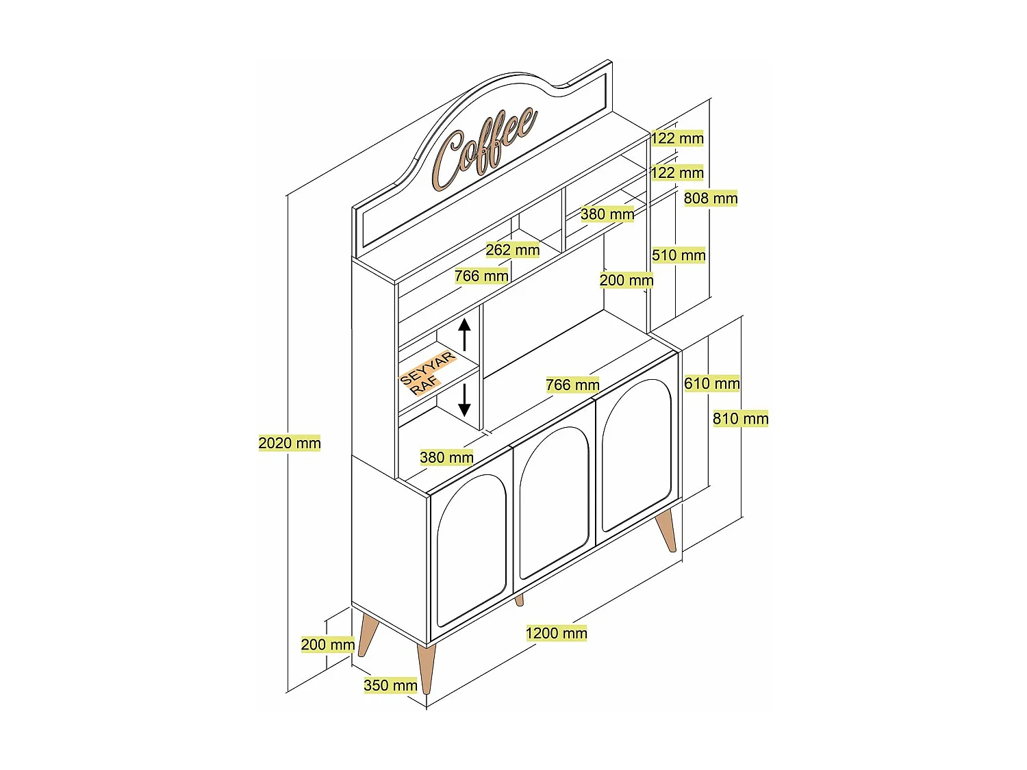 Armário Alto de Cozinha 'Coffee' - 200x120x35 cm - Estilo Moderno em Atlas e Nogueira