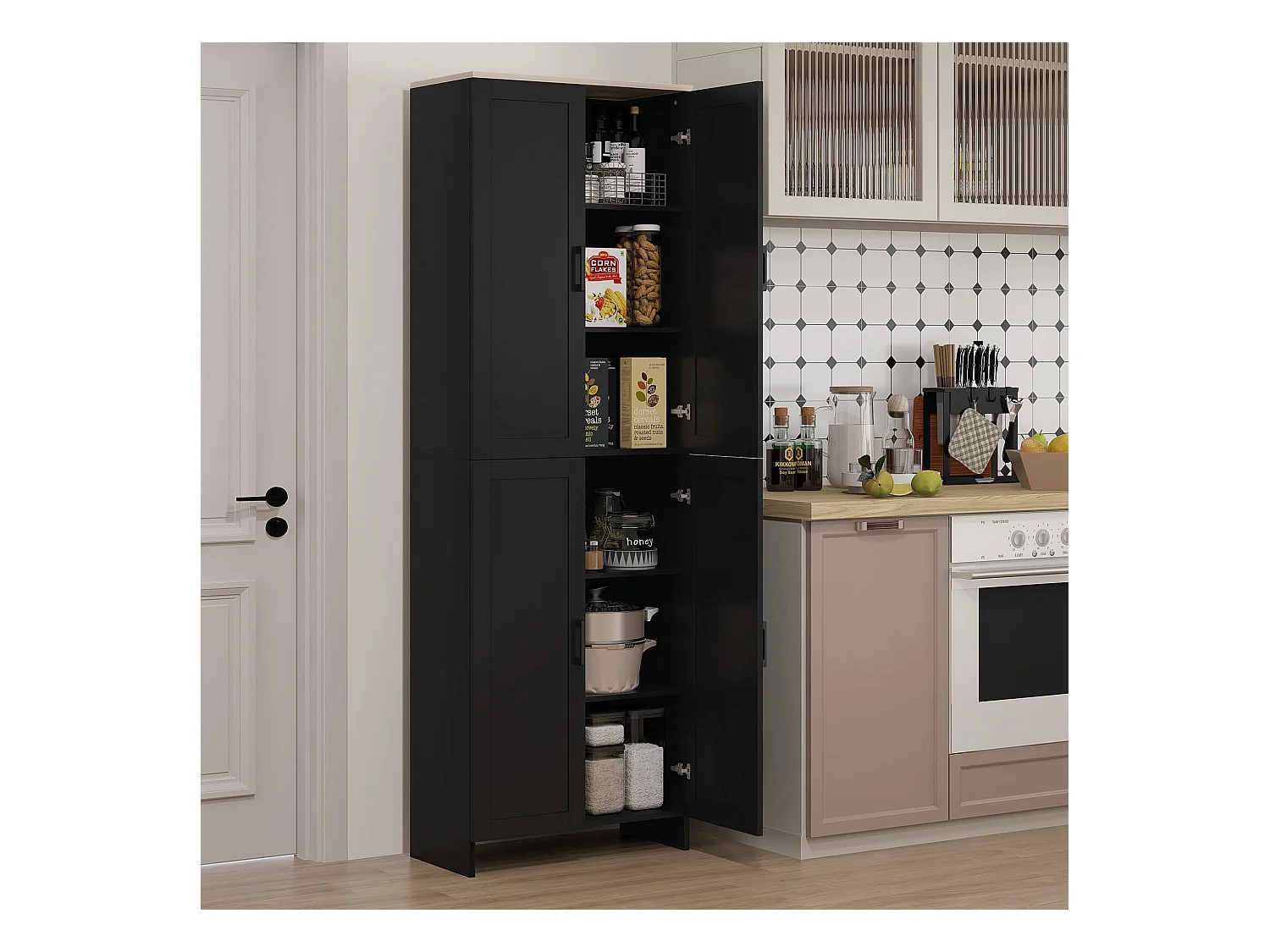 Aparador de cocina Dami Homcom 4 puertas + 6 estantes ajustables negro 170,5x60x30 cm