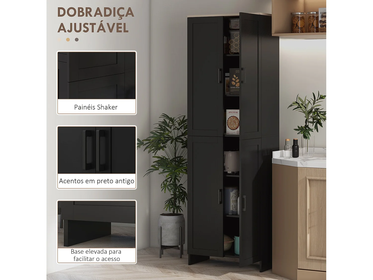 Aparador de cocina Dami Homcom 4 puertas + 6 estantes ajustables negro 170,5x60x30 cm