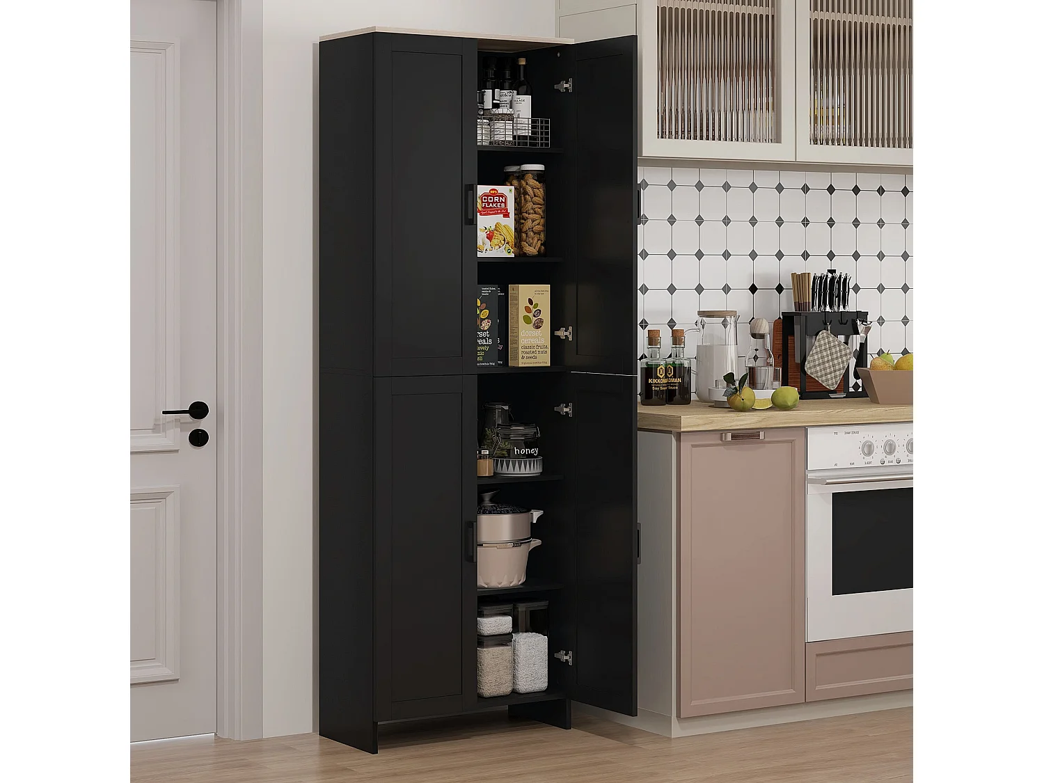 Armário de Cozinha Moderno com 4 Portas e Prateleiras Ajustáveis - Preto 60x30x170,5 cm