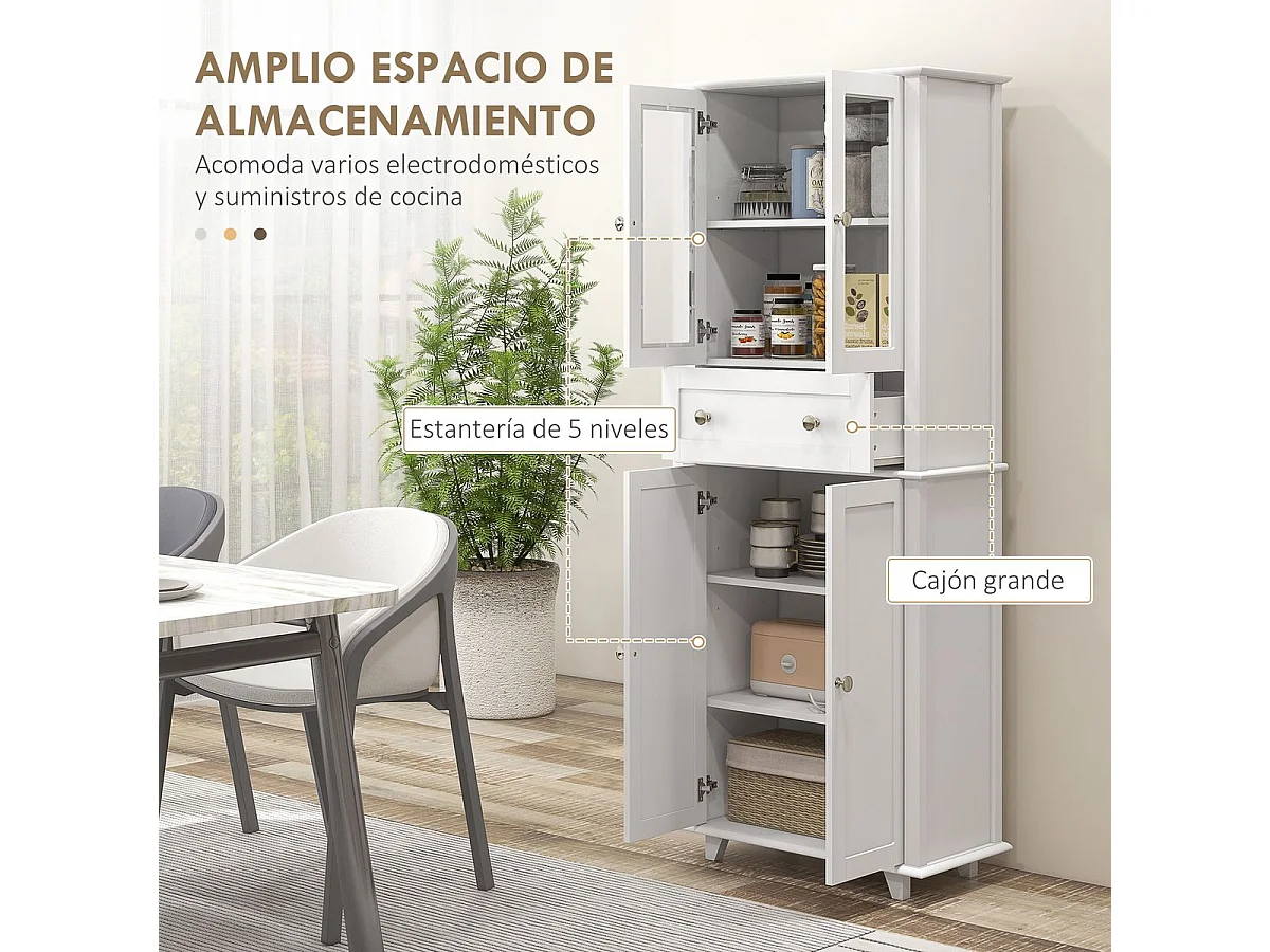 Armário de Cozinha Móvel HOMCOM com 2 Portas de Vidro e Gaveta - 61x35x168,5 cm Branco
