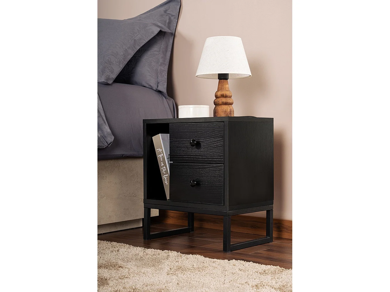 Table de chevet 2 tiroirs Franko L45,2xH50cm Bois et Métal Noir