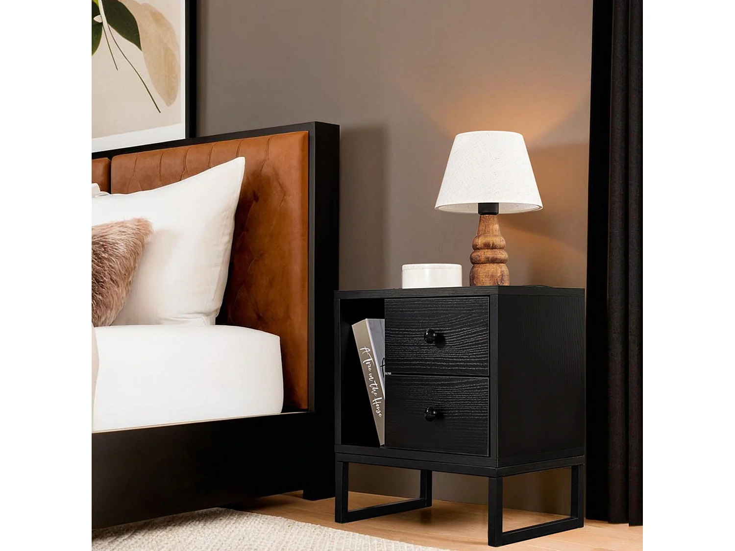 Table de chevet 2 tiroirs Franko L45,2xH50cm Bois et Métal Noir