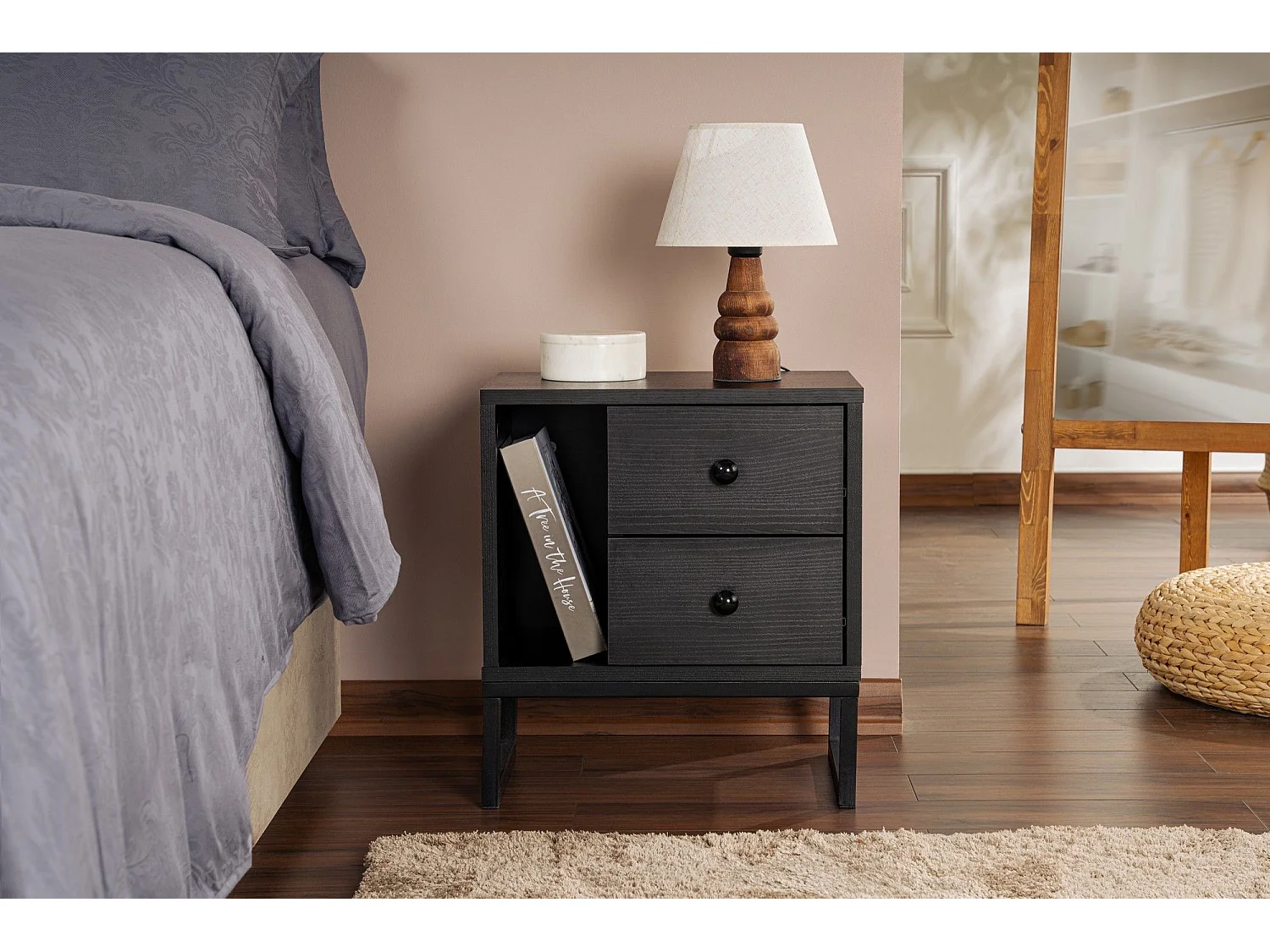 Table de chevet 2 tiroirs Franko L45,2xH50cm Bois et Métal Noir