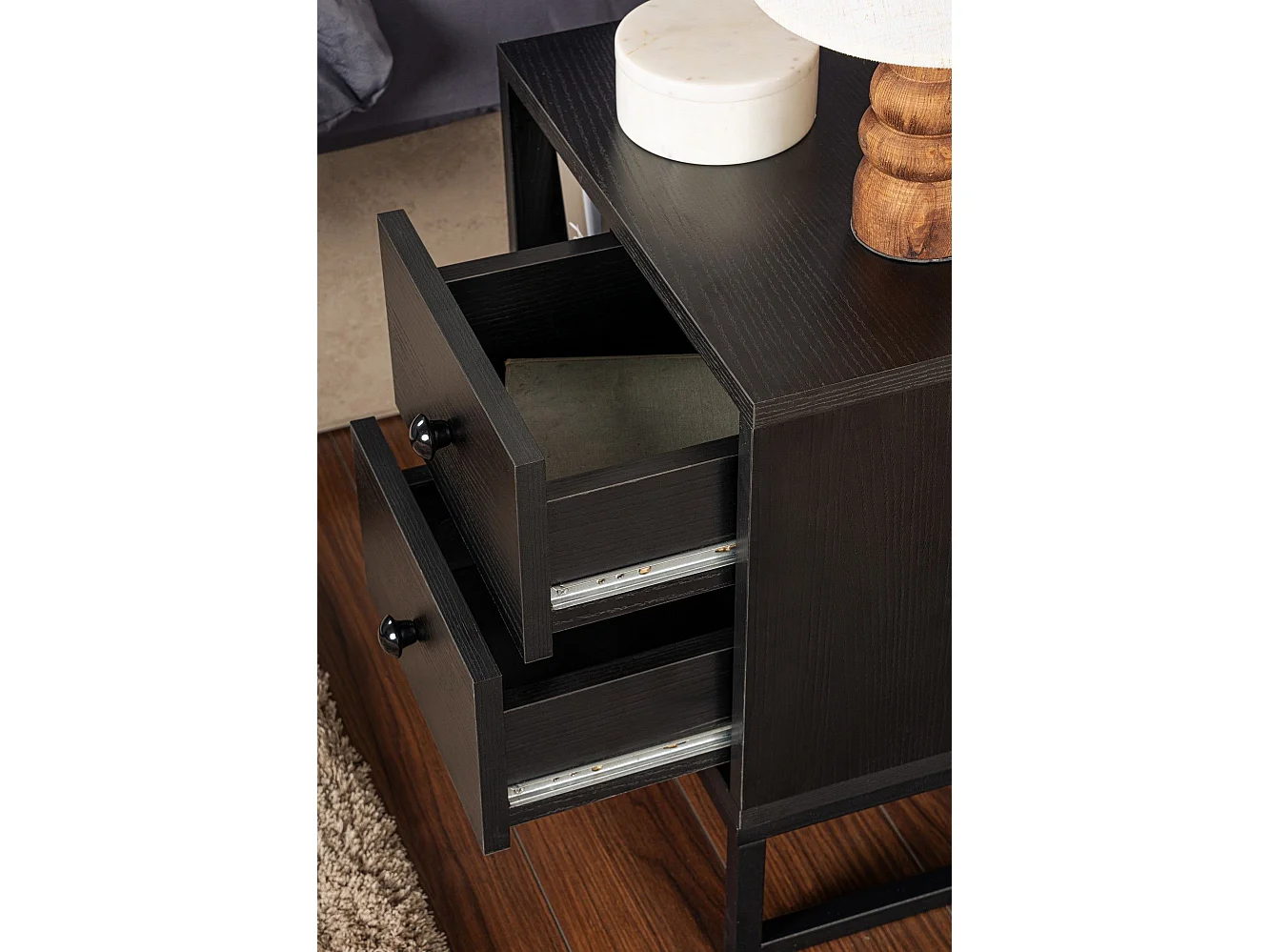 Table de chevet 2 tiroirs Franko L45,2xH50cm Bois et Métal Noir