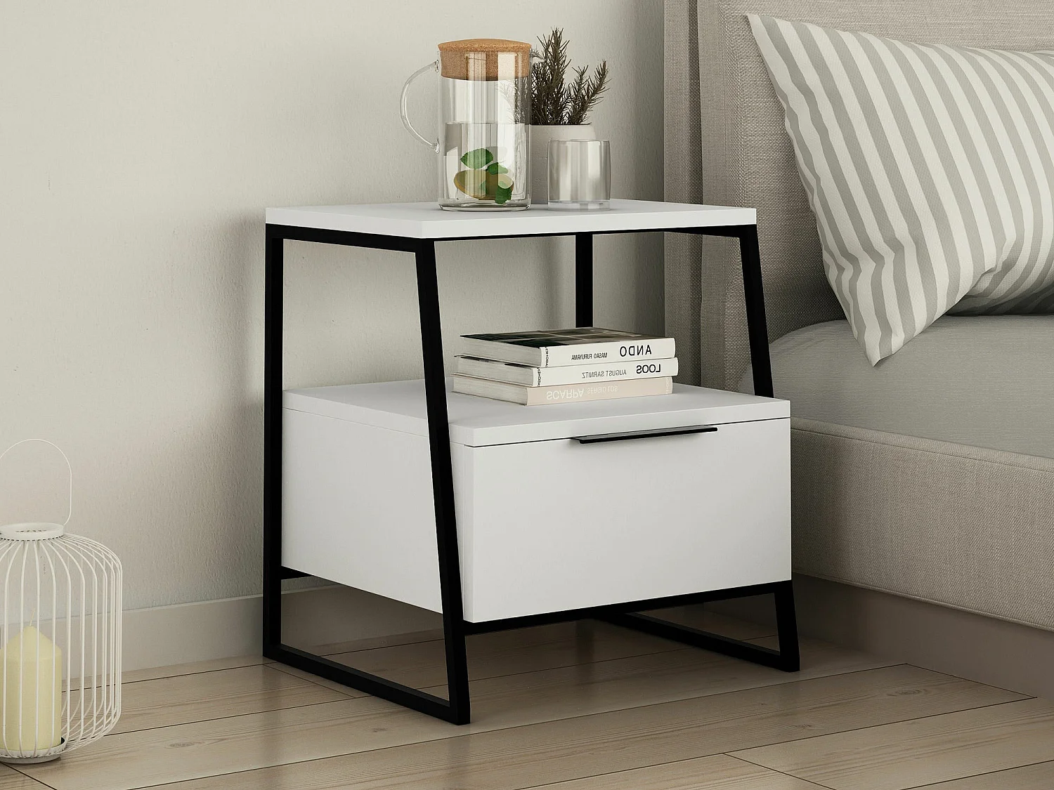 Comodino Kailua 1519, Bianco, 50x45x40cm, Metallo|Truciolare laminato