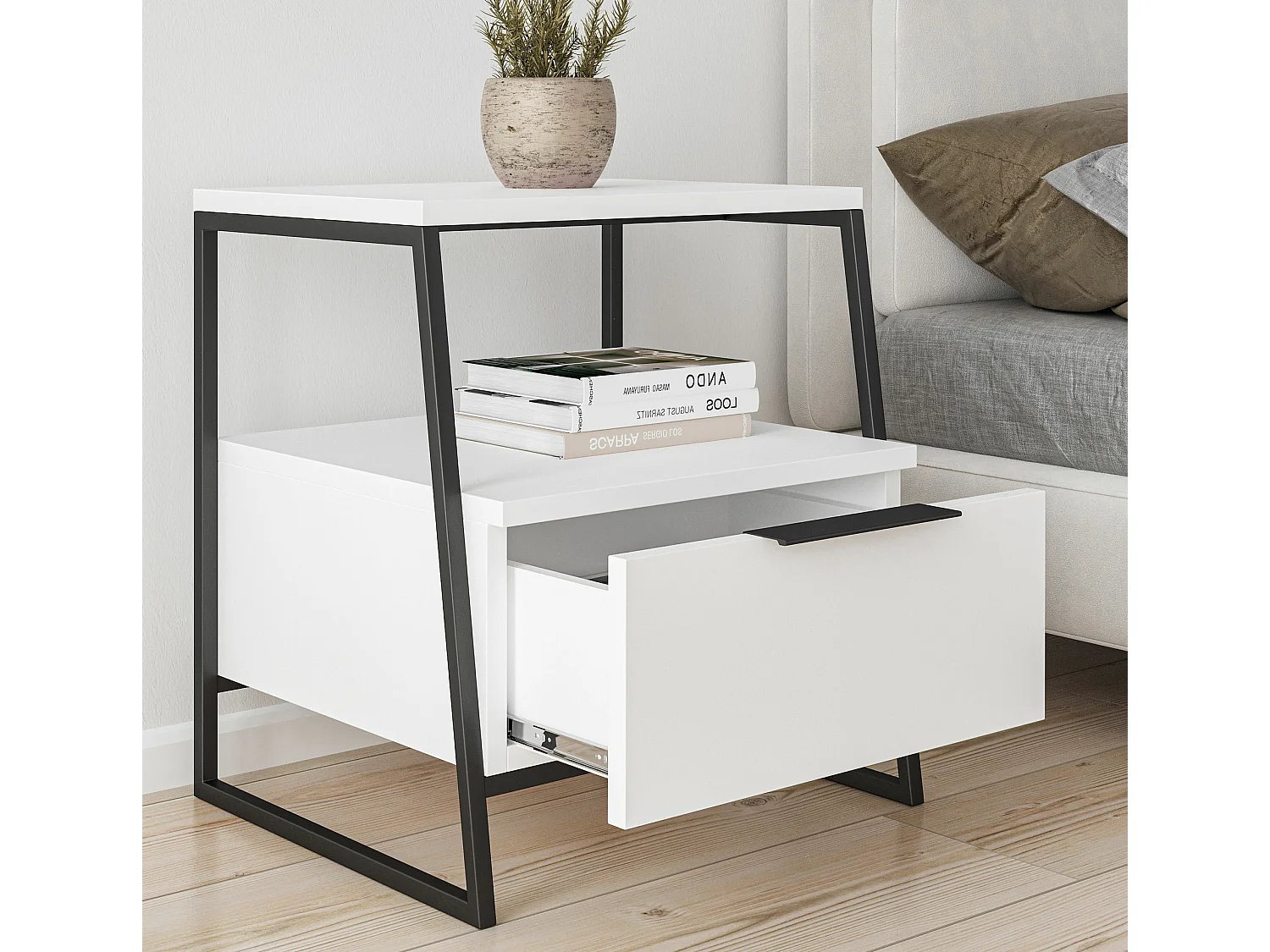 Comodino Kailua 1519, Bianco, 50x45x40cm, Metallo|Truciolare laminato