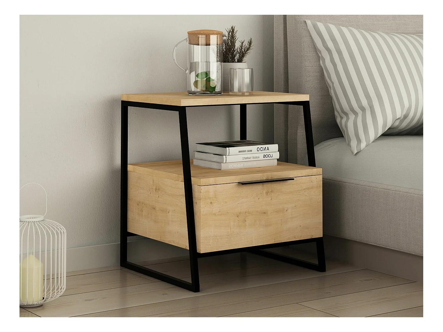 Mesilla de noche Kailua 1519, Roble, 50x45x40cm, Metal|Aglomerado laminado