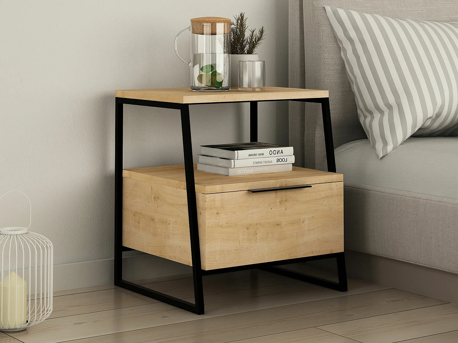 Comodino Kailua 1519, Quercia, 50x45x40cm, Metallo|Truciolare laminato