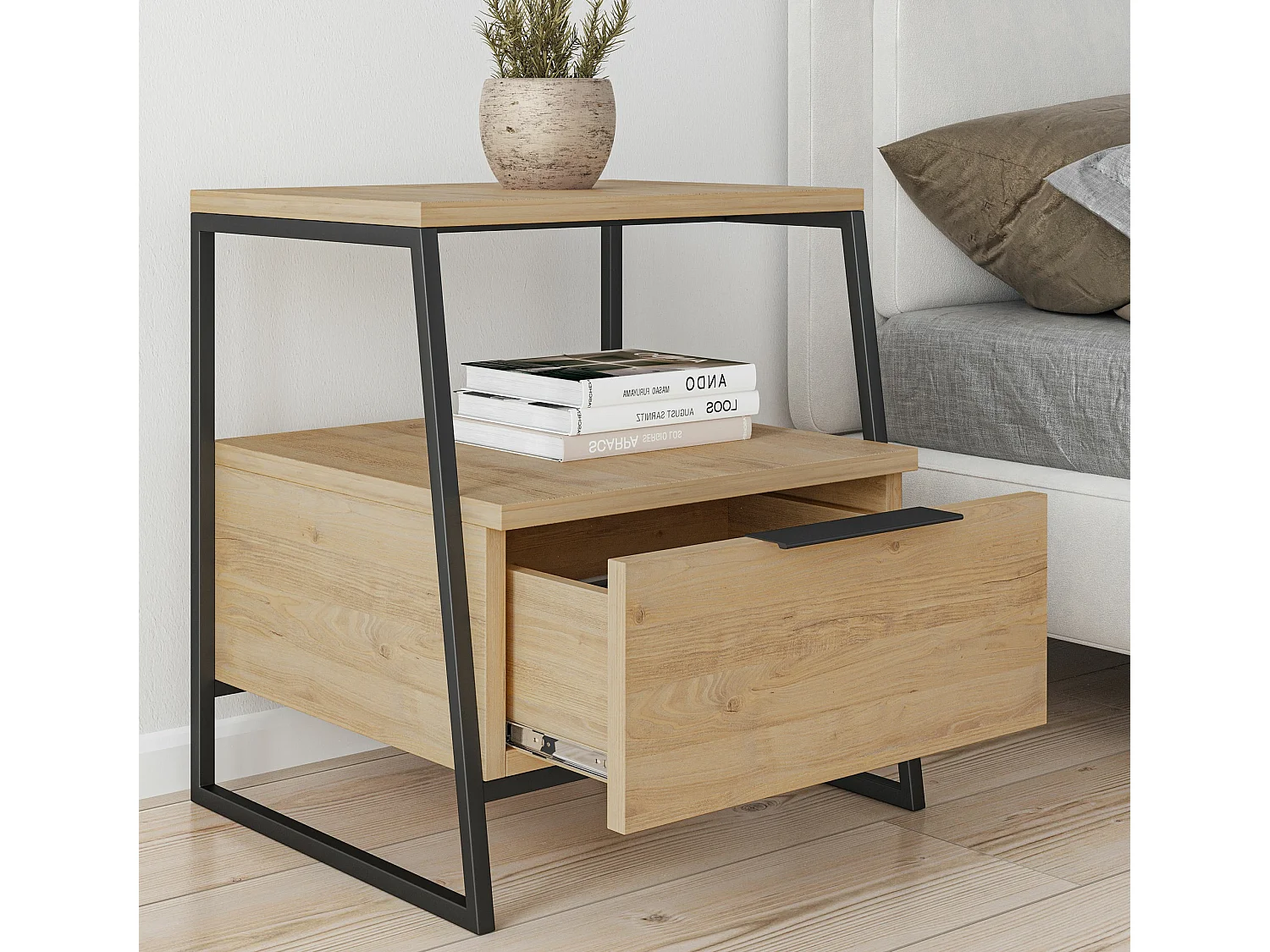 Comodino Kailua 1519, Quercia, 50x45x40cm, Metallo|Truciolare laminato