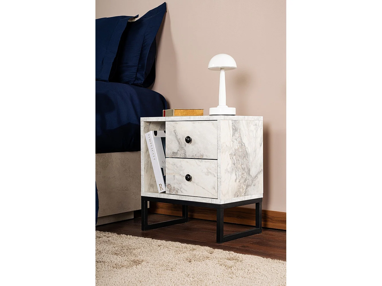 Table de chevet 2 tiroirs Franko L45,2xH50cm Bois Effet marbre et Métal Noir
