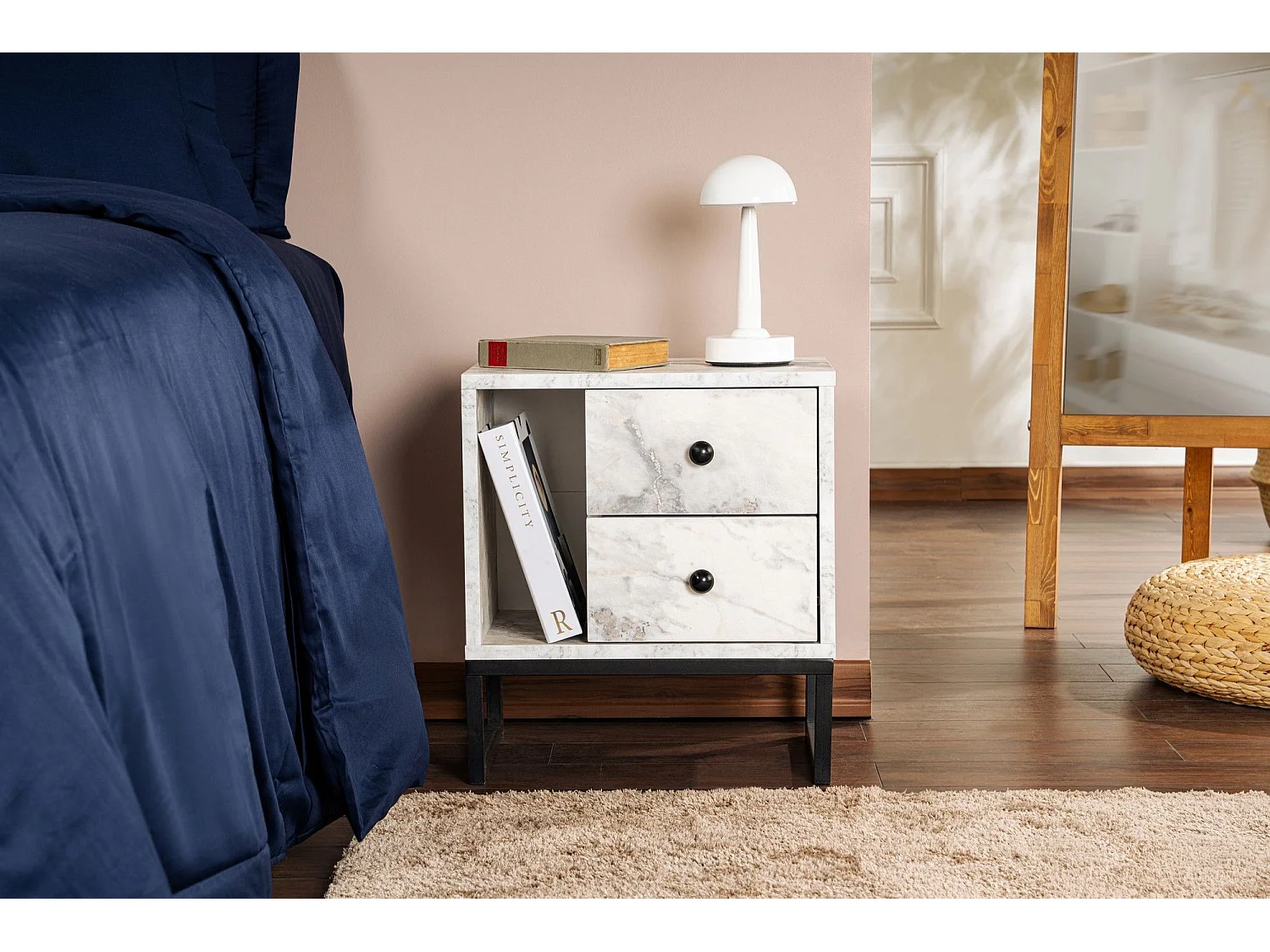 Table de chevet 2 tiroirs Franko L45,2xH50cm Bois Effet marbre et Métal Noir