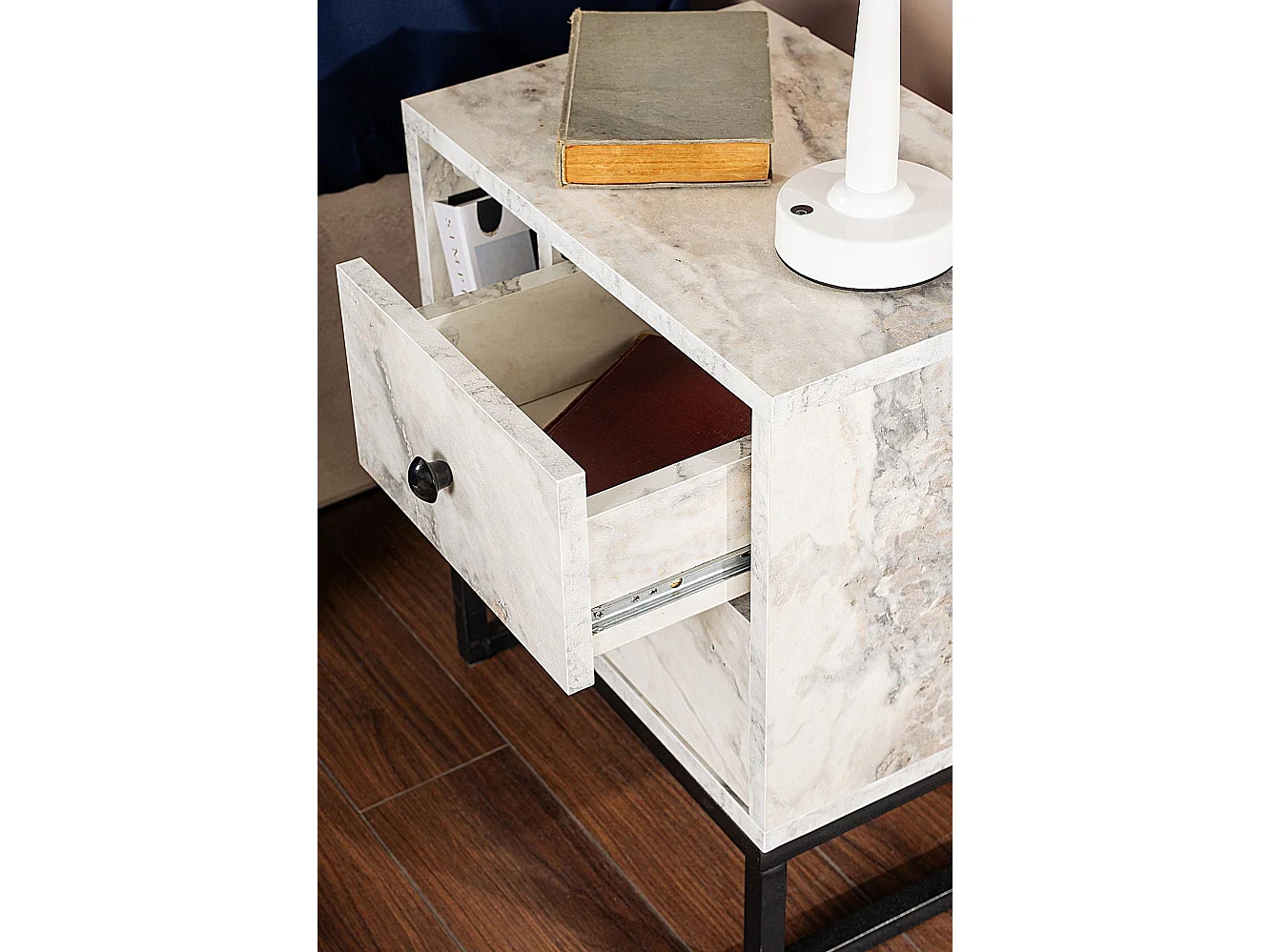 Table de chevet 2 tiroirs Franko L45,2xH50cm Bois Effet marbre et Métal Noir