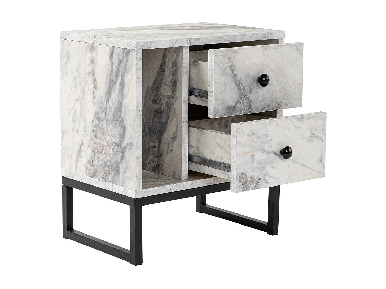 Table de chevet 2 tiroirs Franko L45,2xH50cm Bois Effet marbre et Métal Noir