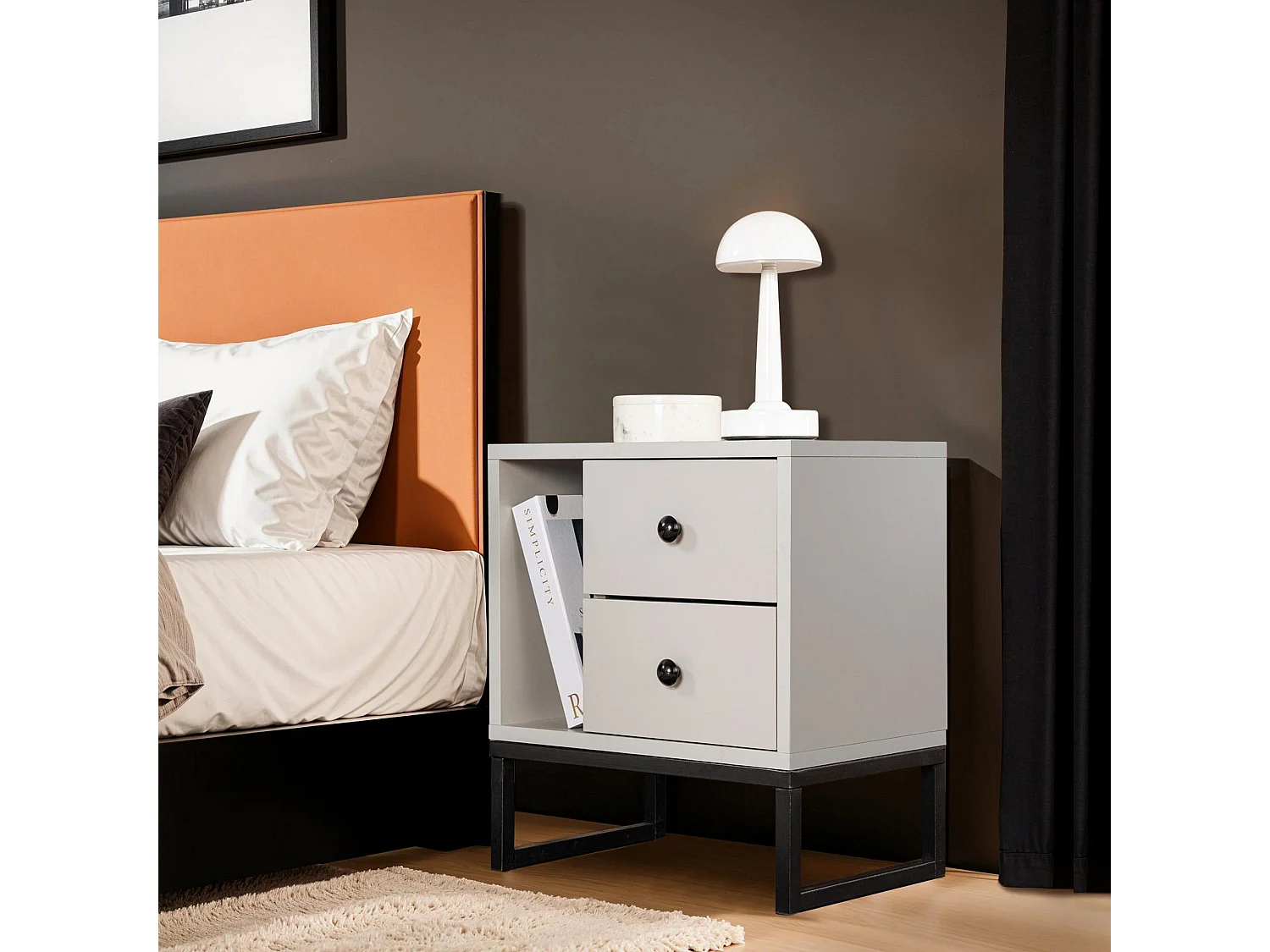 Table de chevet 2 tiroirs Franko L45,2xH50cm Bois Gris et Métal Noir