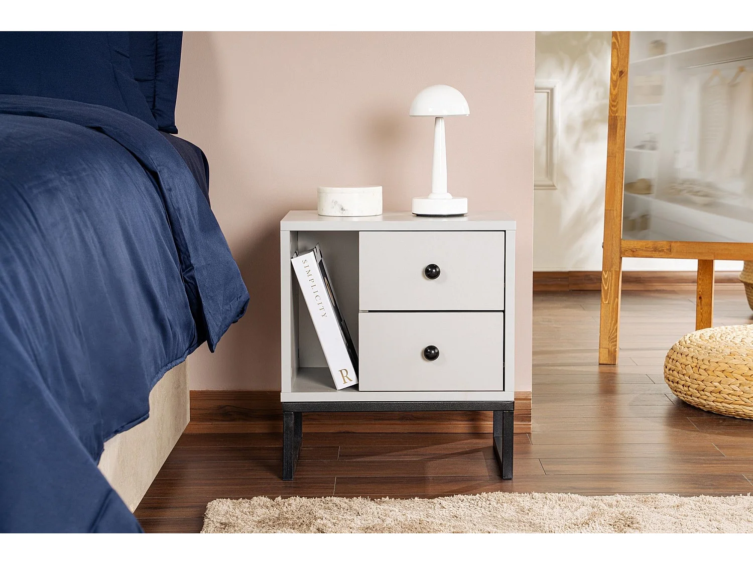 Table de chevet 2 tiroirs Franko L45,2xH50cm Bois Gris et Métal Noir