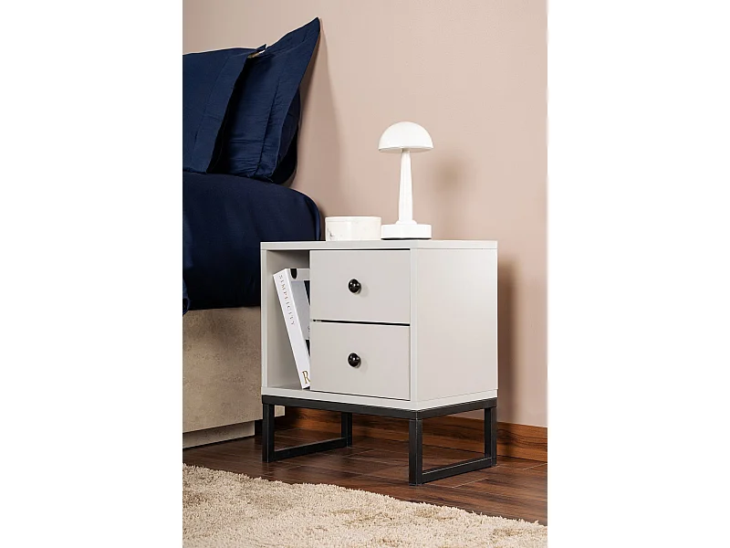 Table de chevet 2 tiroirs Franko L45,2xH50cm Bois Gris et Métal Noir