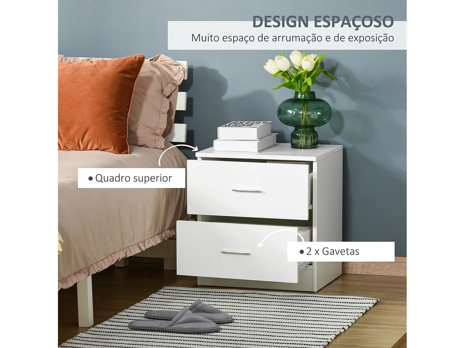 Mesita de noche Leonor Homcom 2 cajones blanco 49x45x39,5 cm