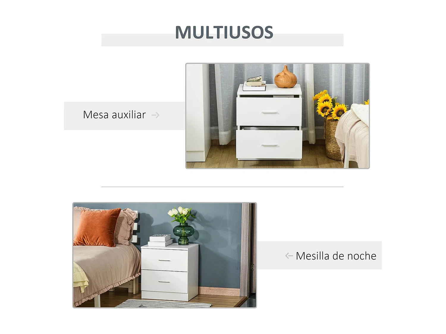 Mesinha de Cabeceira Moderna HOMCOM com 2 Gavetas - Mesa Auxiliar Versátil em Branco
