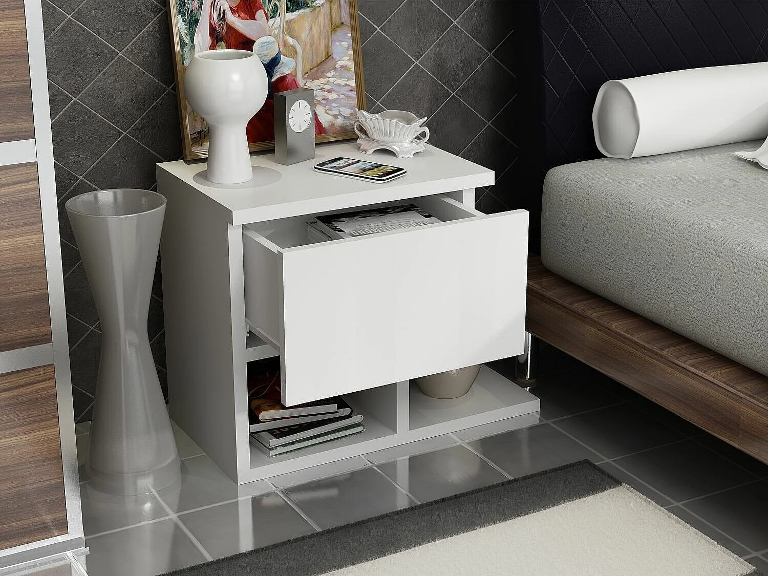 Mesa de Cabeceira Yasso em Branco – Design Moderno e Funcional - 46.8x33x36.8 cm