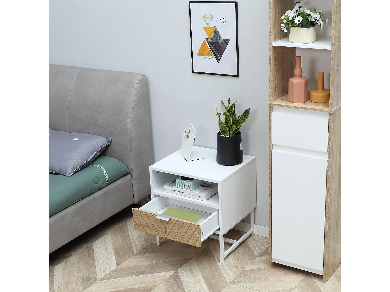 Mesita de noche Calandiva Homcom 1 compartimento + 1 cajón blanco/natural 48x45x39 cm