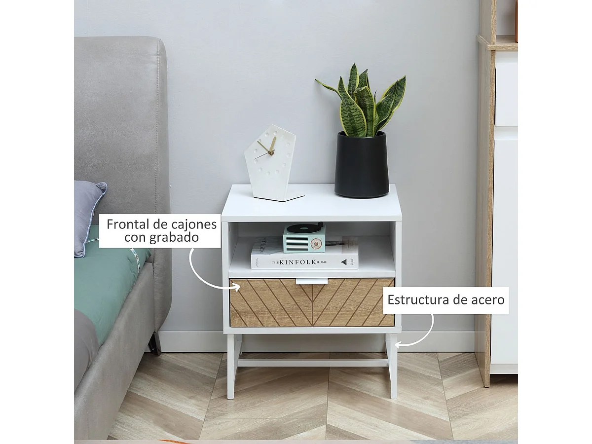 Mesita de noche Calandiva Homcom 1 compartimento + 1 cajón blanco/natural 48x45x39 cm