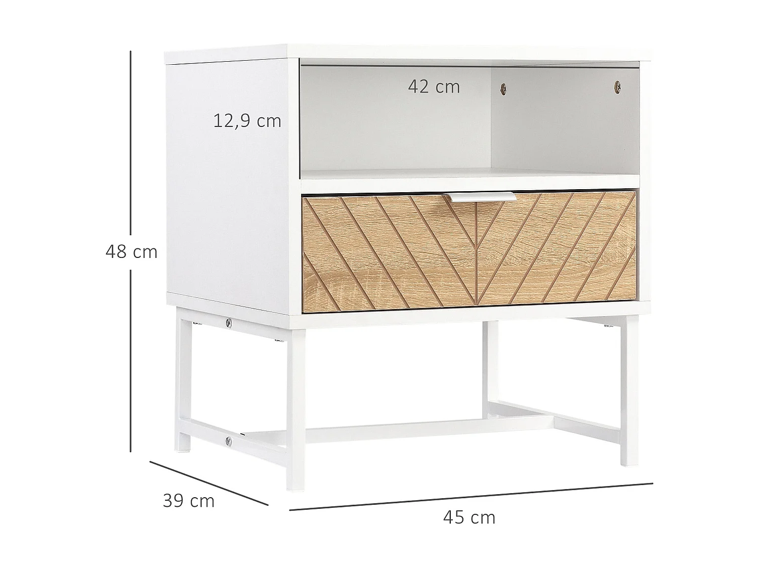 Mesita de noche Calandiva Homcom 1 compartimento + 1 cajón blanco/natural 48x45x39 cm
