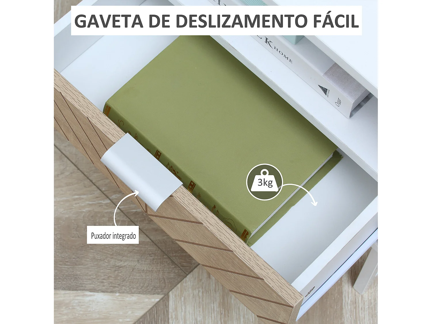 Mesita de noche Calandiva Homcom 1 compartimento + 1 cajón blanco/natural 48x45x39 cm