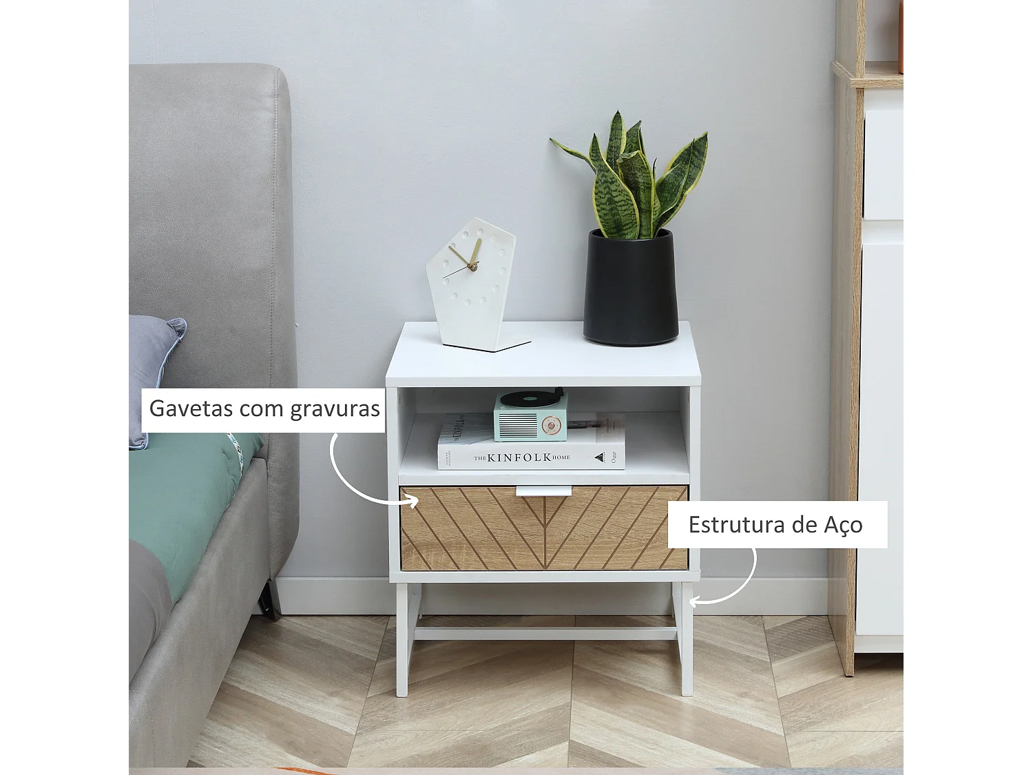 Mesita de noche Calandiva Homcom 1 compartimento + 1 cajón blanco/natural 48x45x39 cm