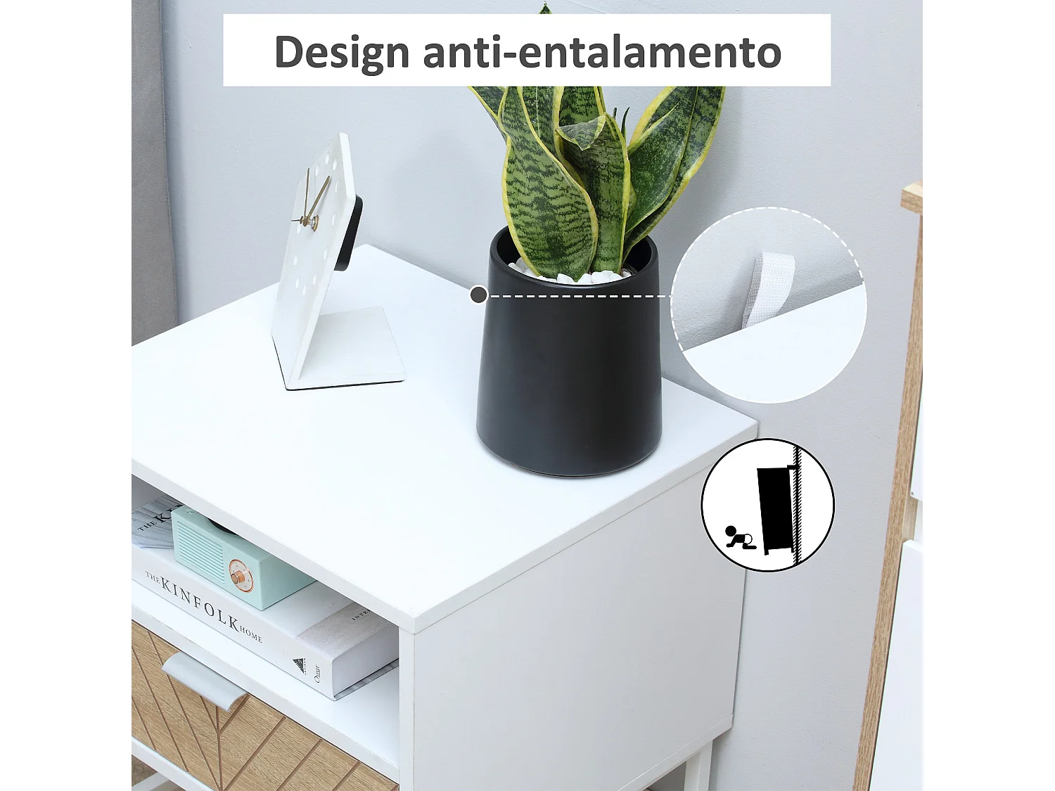 Mesita de noche Calandiva Homcom 1 compartimento + 1 cajón blanco/natural 48x45x39 cm