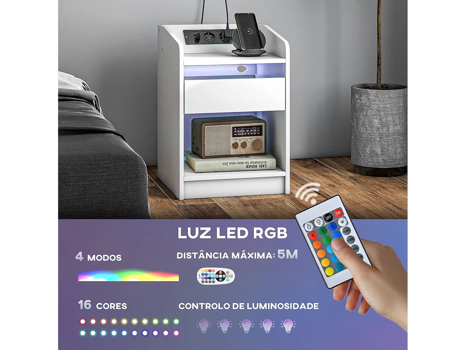 Mesita de noche Salvia Homcom luces LED + cajón + puerto USB blanco 58x40 cm