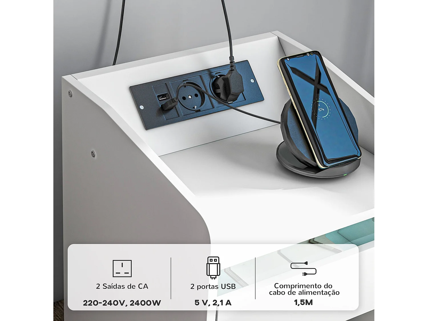 Mesita de noche Salvia Homcom luces LED + cajón + puerto USB blanco 58x40 cm