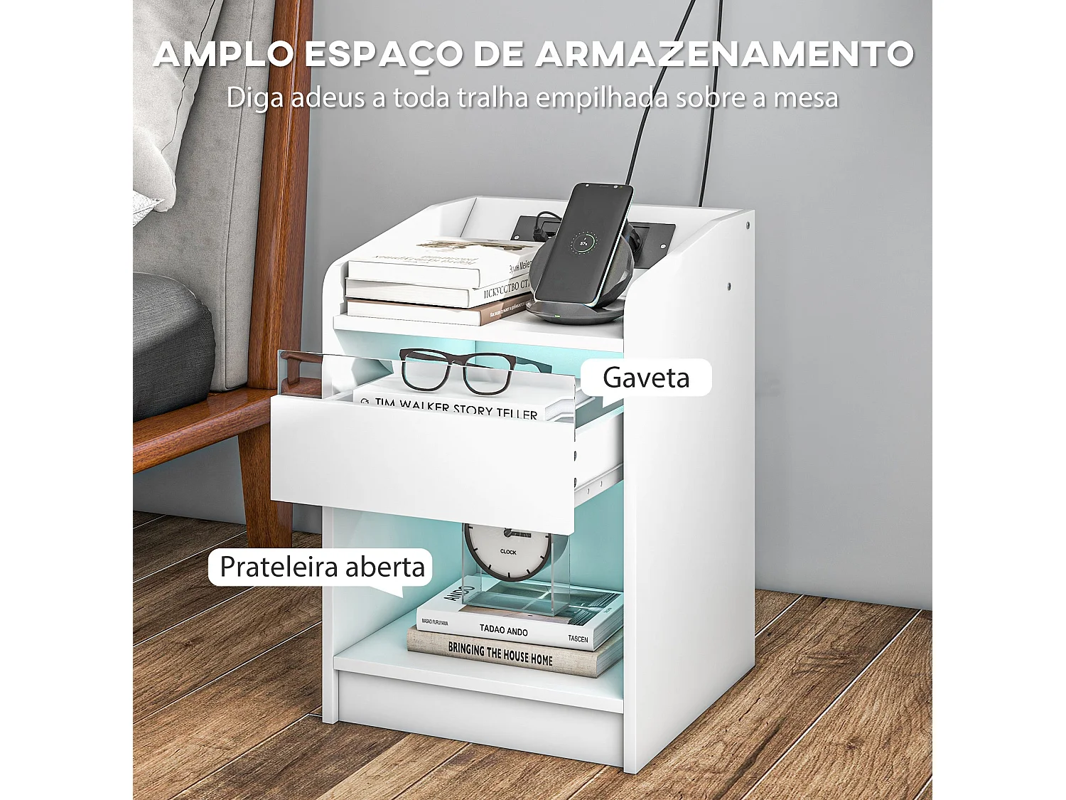 Mesita de noche Salvia Homcom luces LED + cajón + puerto USB blanco 58x40 cm