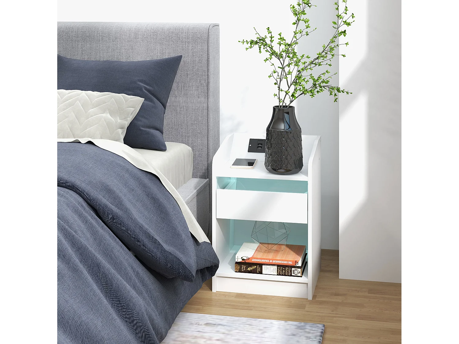 Mesita de noche Salvia Homcom luces LED + cajón + puerto USB blanco 58x40 cm