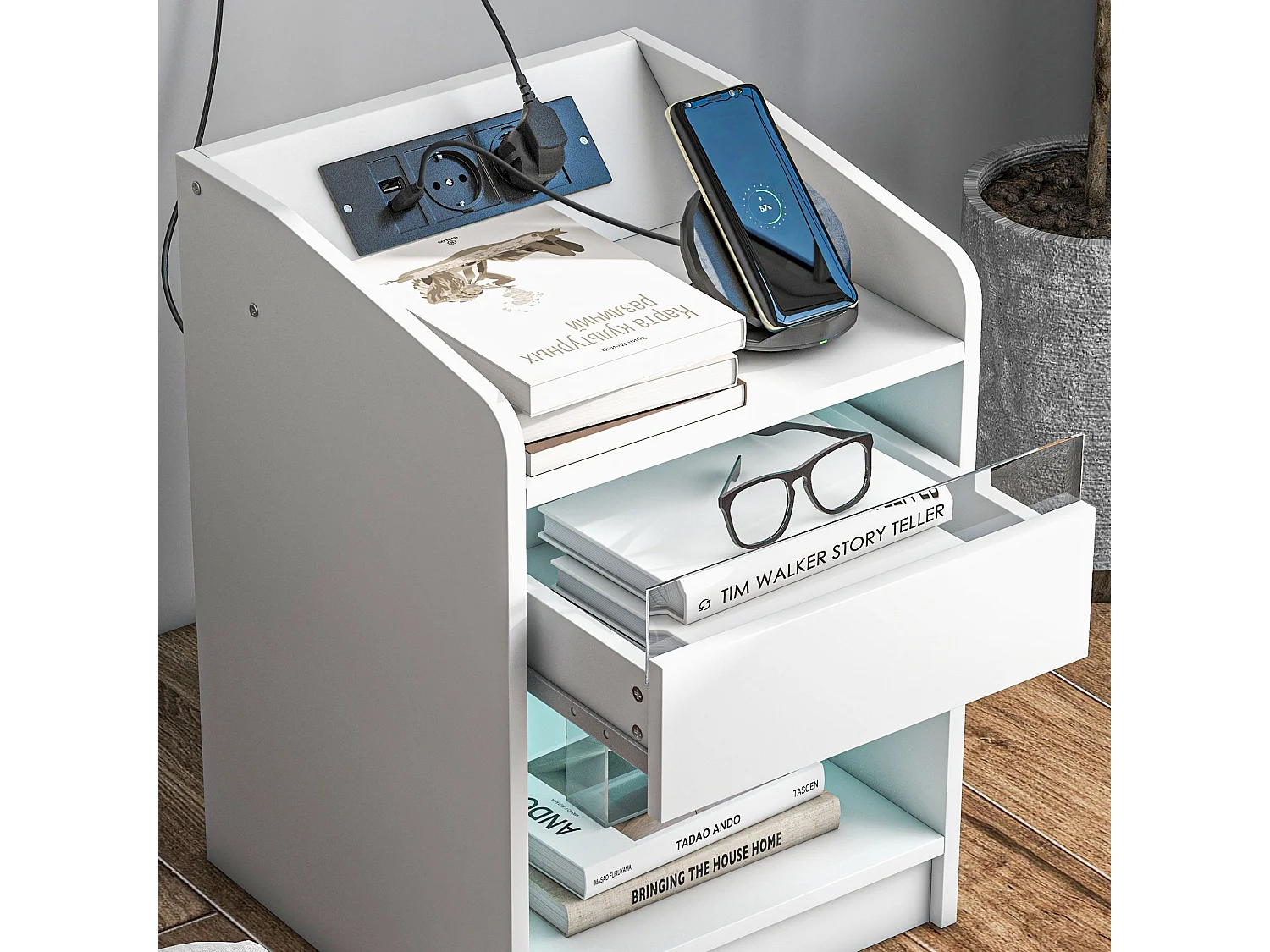 Mesita de noche Salvia Homcom luces LED + cajón + puerto USB blanco 58x40 cm