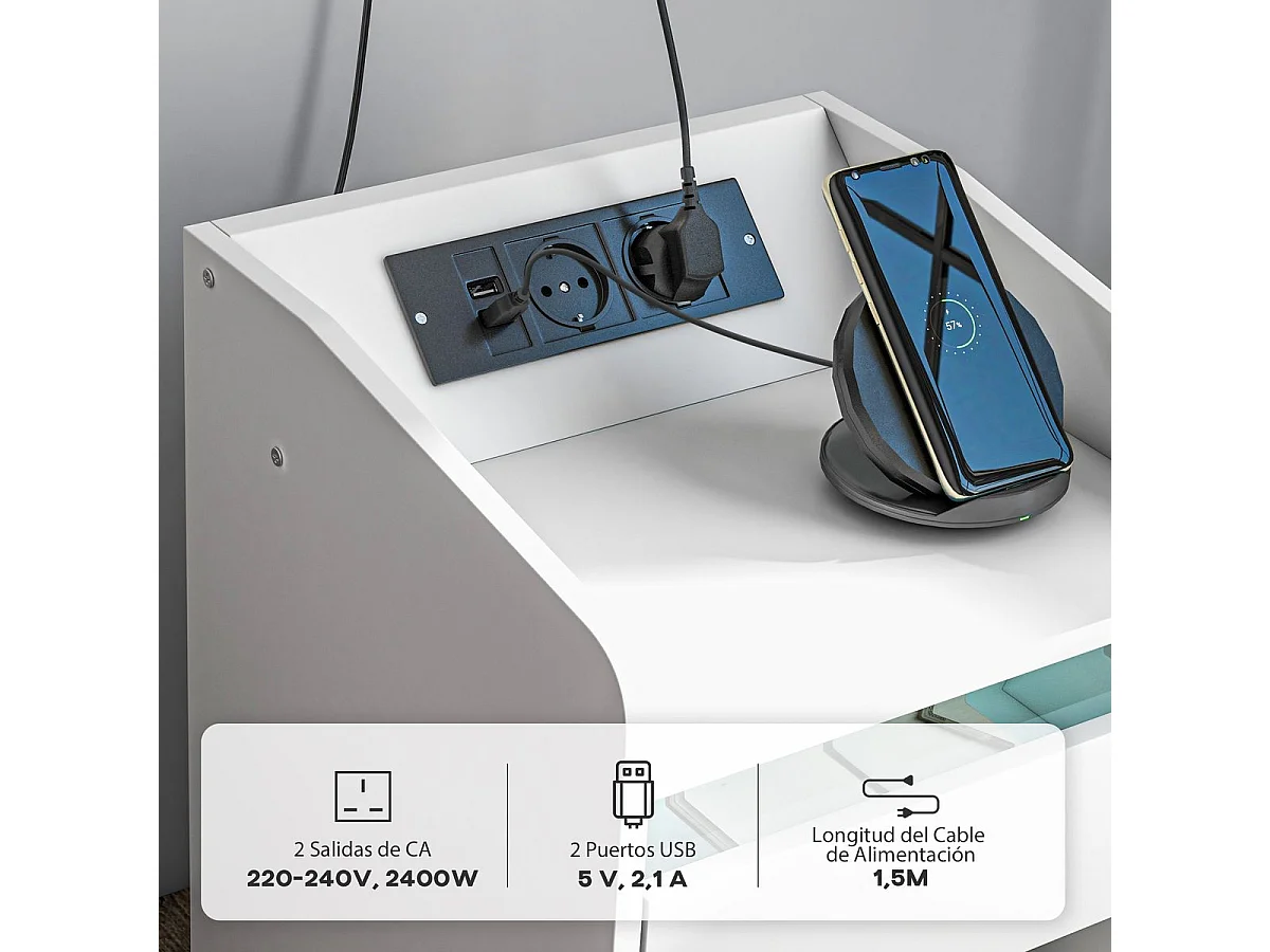 Mesita de noche Salvia Homcom luces LED + cajón + puerto USB blanco 58x40 cm