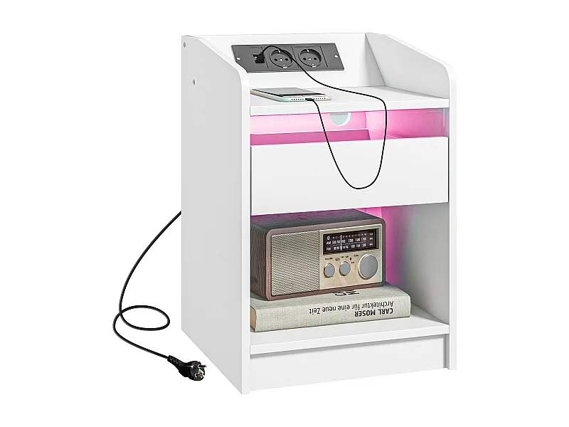 Mesa de Cabeceira HOMCOM com Luzes LED e Estação de Carregamento USB - 40x40x58 cm Branco