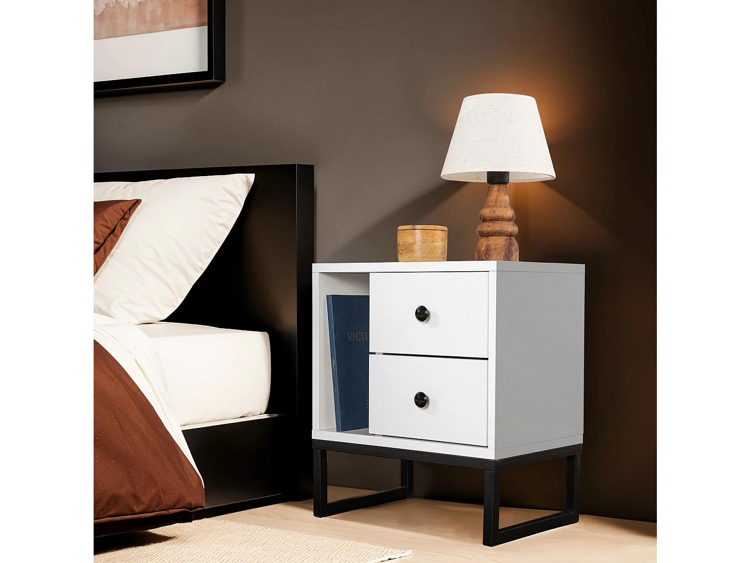 Table de chevet 2 tiroirs Franko L45,2xH50cm Bois Blanc et Métal Noir