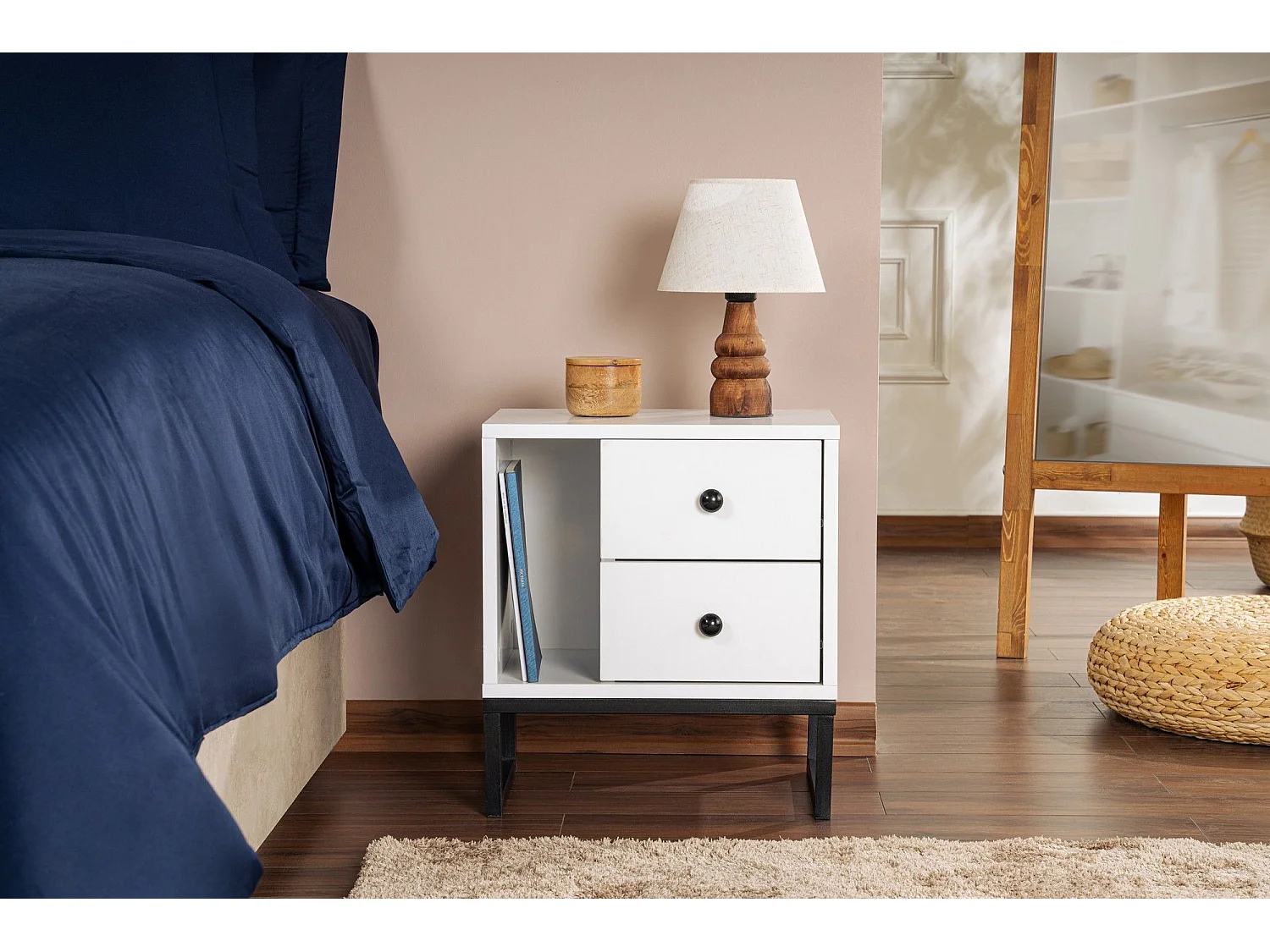 Table de chevet 2 tiroirs Franko L45,2xH50cm Bois Blanc et Métal Noir