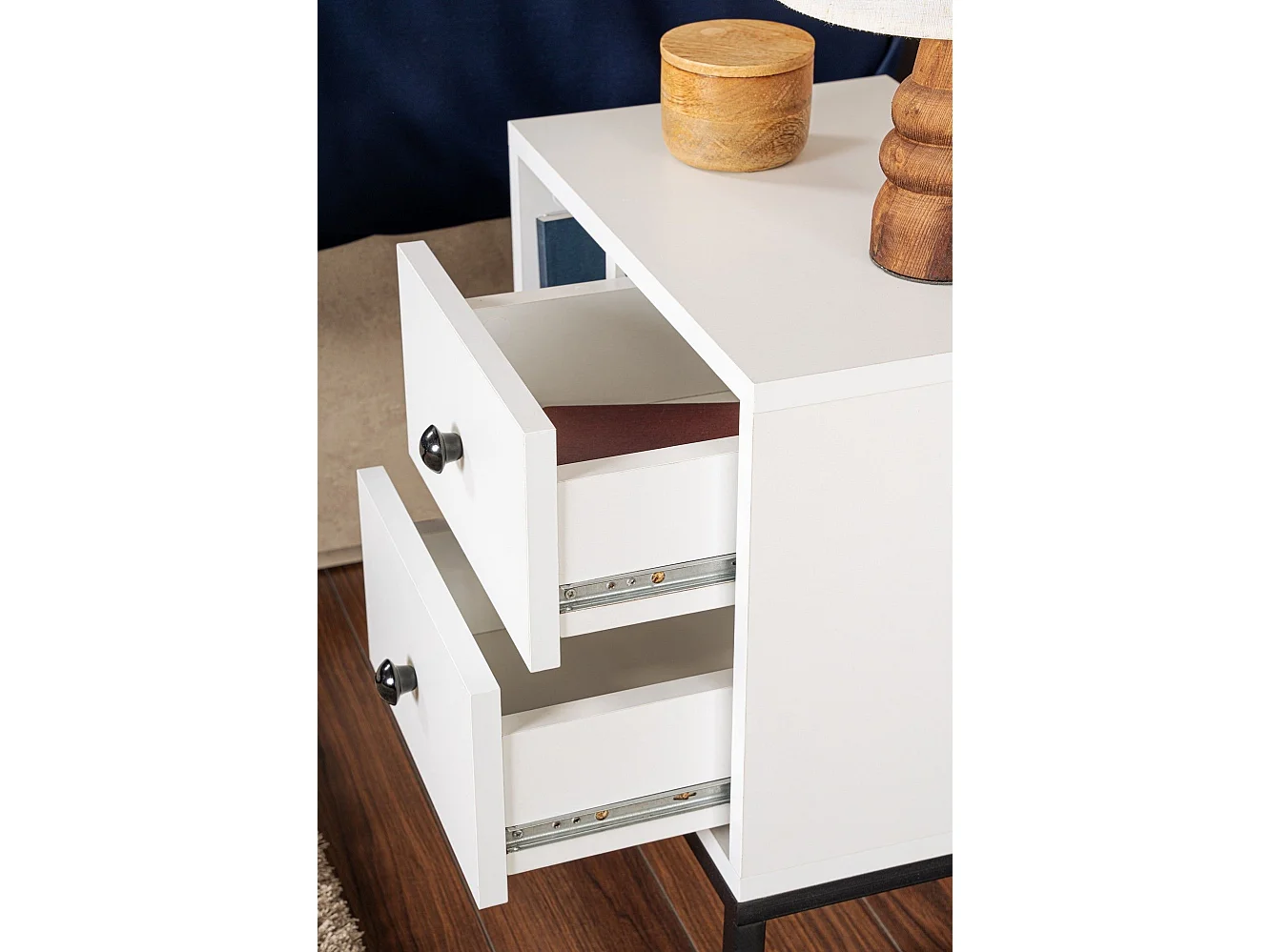 Table de chevet 2 tiroirs Franko L45,2xH50cm Bois Blanc et Métal Noir