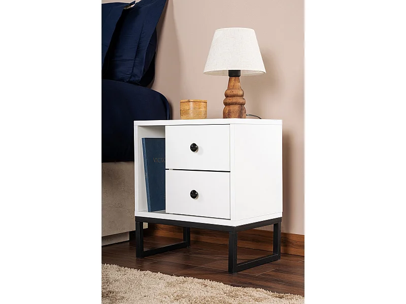 Table de chevet 2 tiroirs Franko L45,2xH50cm Bois Blanc et Métal Noir