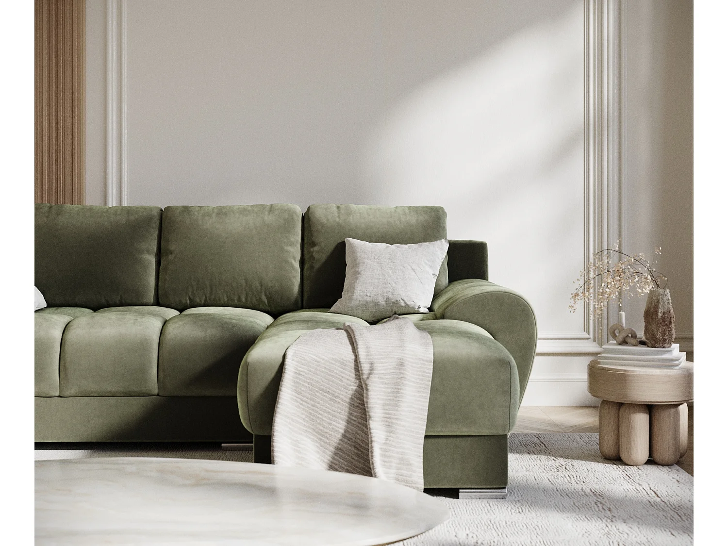 Canapé d'angle en tissu velours Peebles - 4 places - vert olive