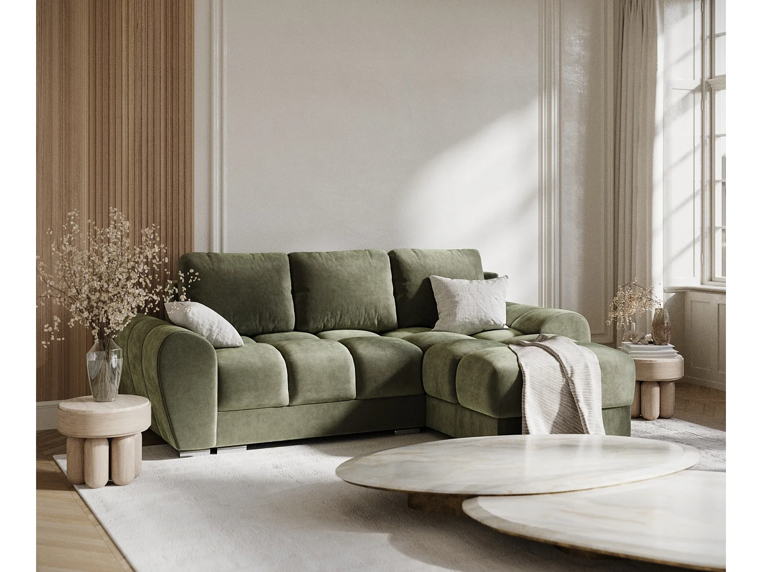 Canapé d'angle en tissu velours Peebles - 4 places - vert olive