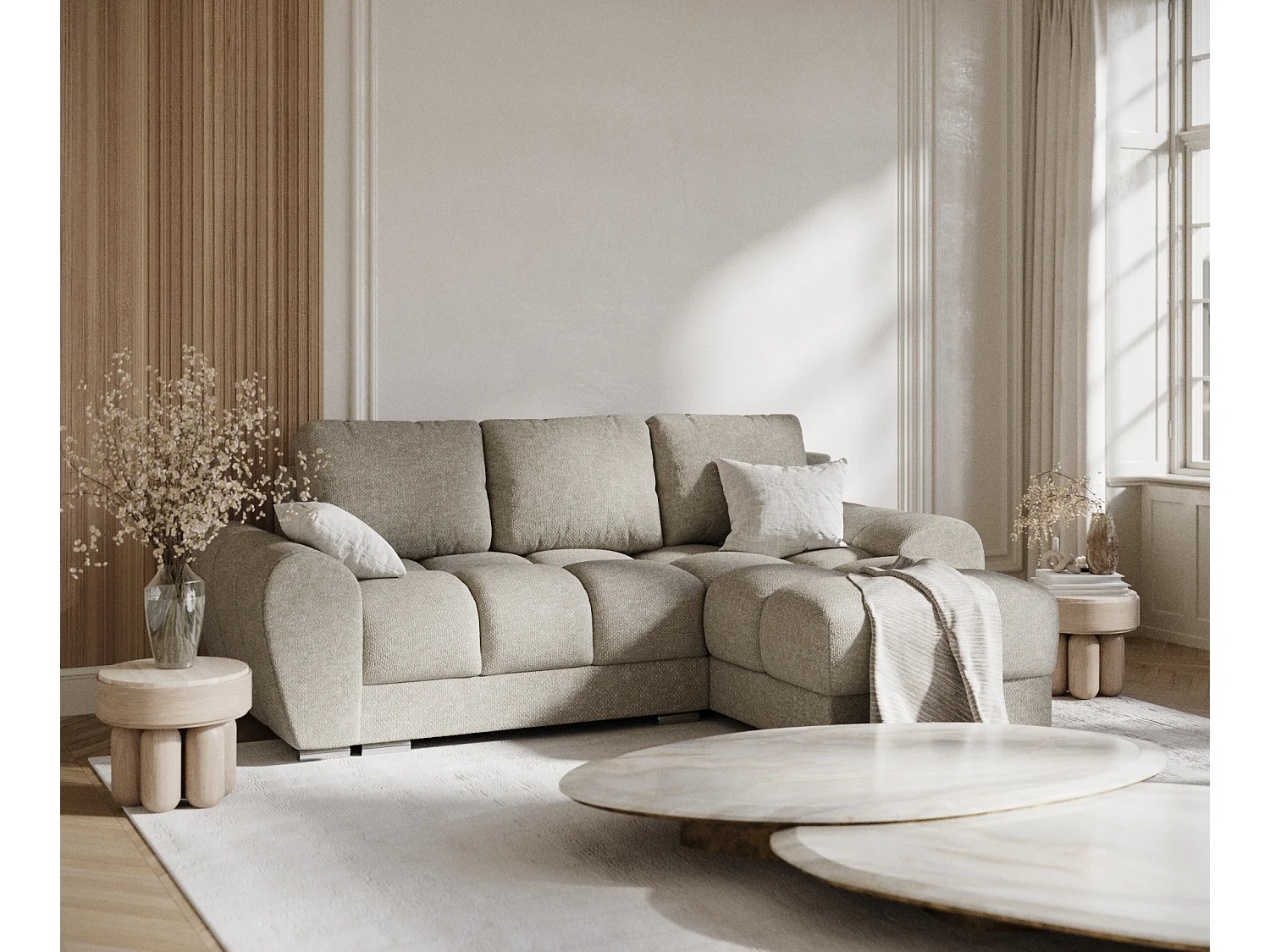 Canapé d'angle en tissu chenille Peebles - 4 places - beige gris