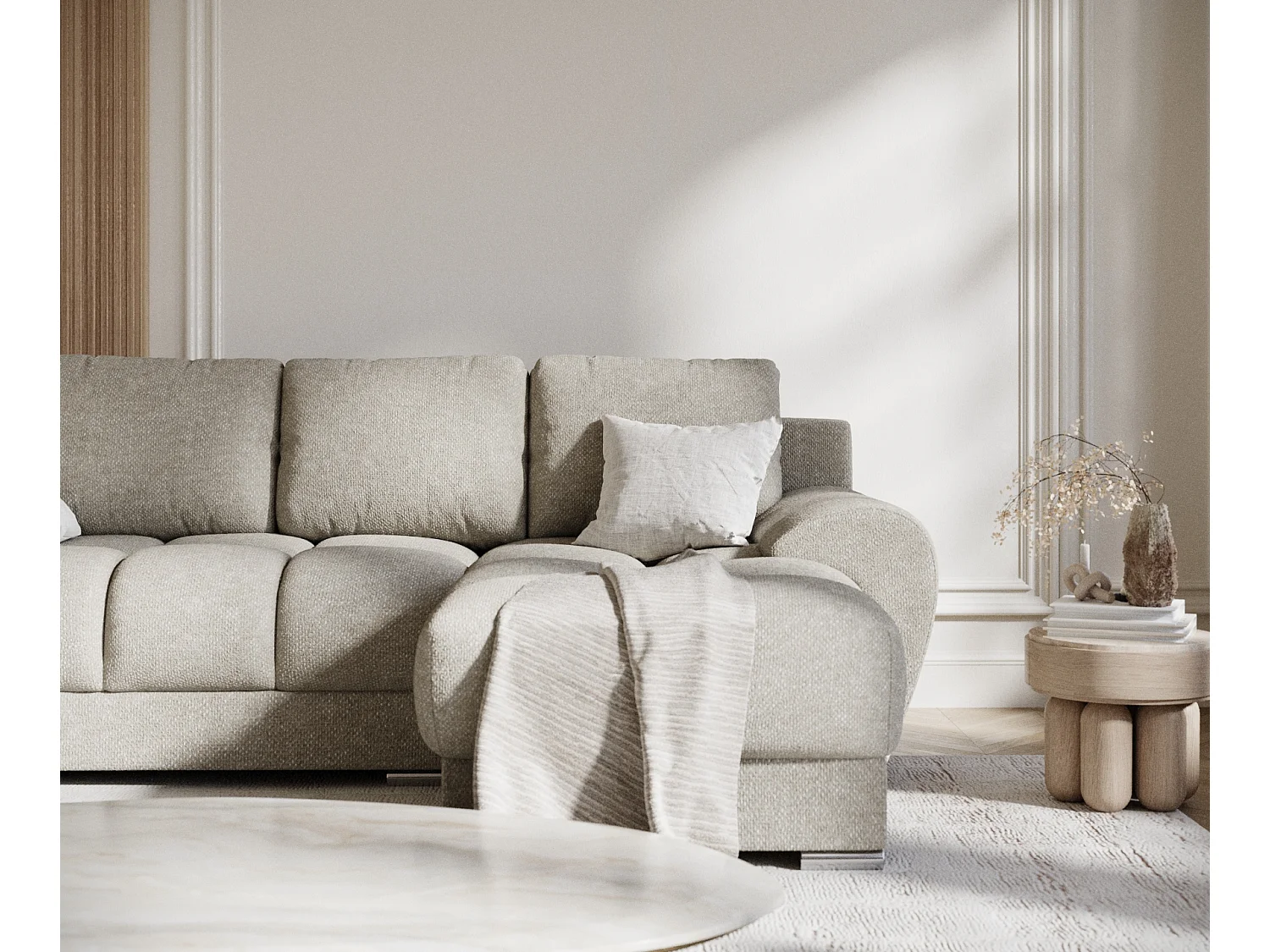 Canapé d'angle en tissu chenille Peebles - 4 places - beige gris